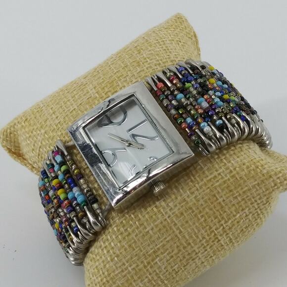 Women's Fashion Wristwatch Made of Safety Pins and Beads Stretchy Bracelet Watch - Picture 6 of 12